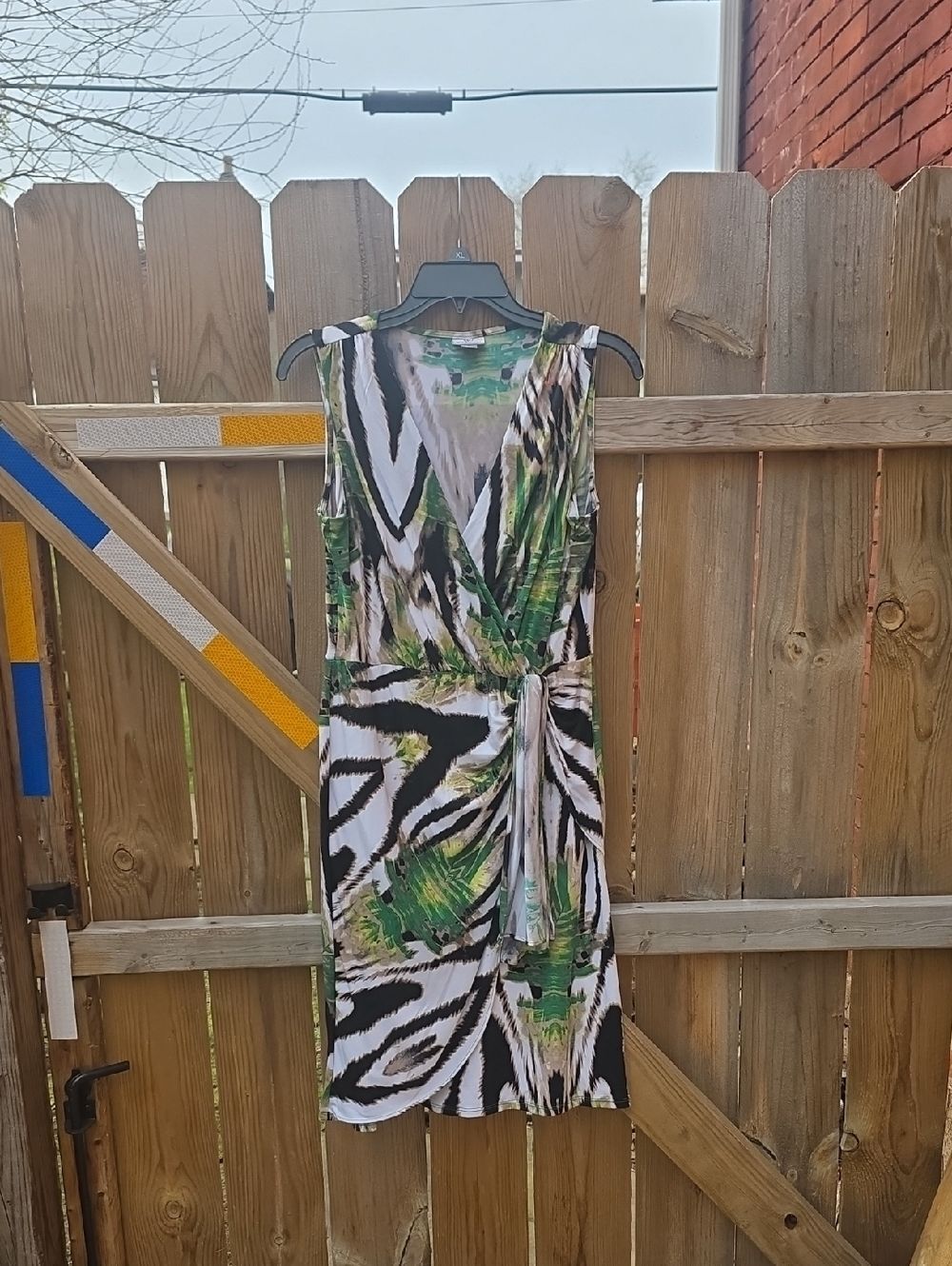 Worthington Green and Black Abstract Midi Wrap Dress